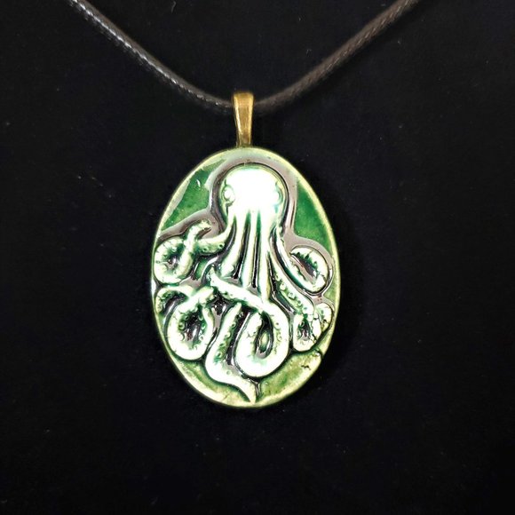 Handmade Ceramic Bottle Green Octopus Kraken Pendant Necklace - Picture 1 of 11